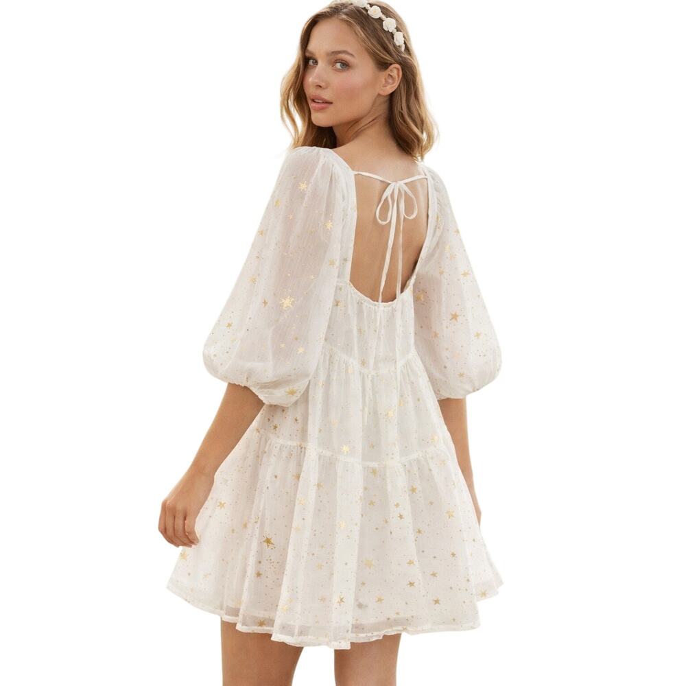Nasty Gal White Gold Star Babydoll Mini Dress Puff Sleeve Boho Cottagecore Sz 6
